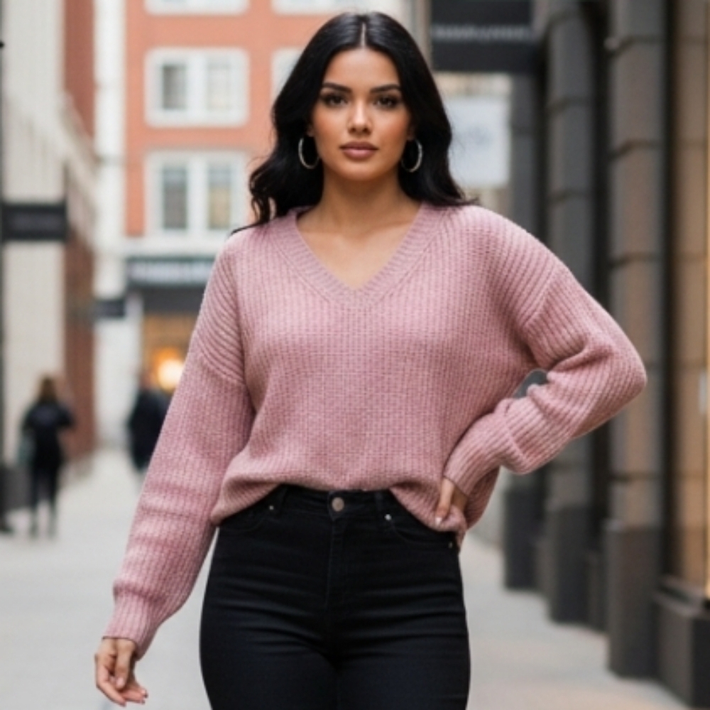 a . new . day Women's Soft Pullover Knitted Sweater Beige/Pink V-Neck S…